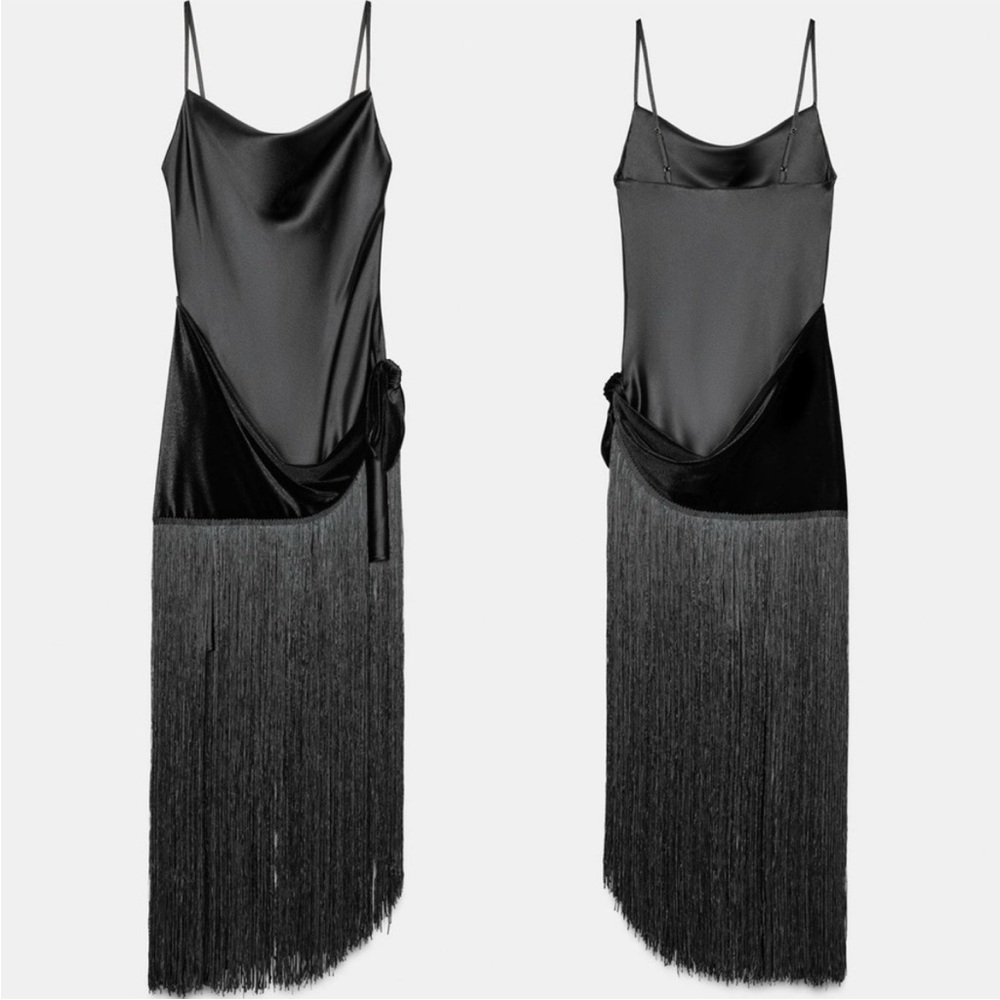 Zara Black Satin Velvet Fringe Dress Whimsgoth Dream gothic glam extra small